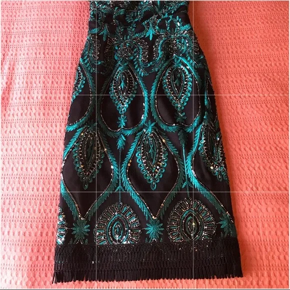 Elle Zeitoune Midi Beaded Evening Dress with Fringe Blue Green Black Gown Size 6 - Picture 6 of 6